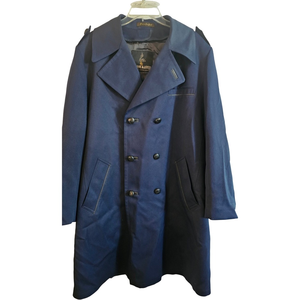 Vintage Harbor Master Mens Navy Blue Trench Coat Wool Zip Out Liner 42 Long USA